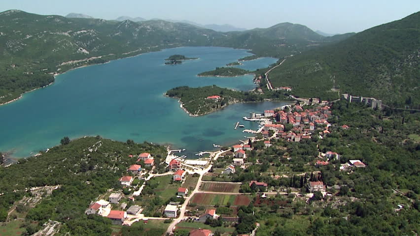 Helicopter shot of small medieval town of Ston