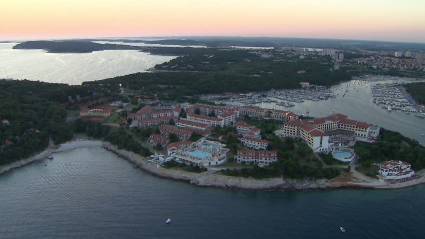 Aerial helicopter shot of a beautiful turist hotel and resort in Istria with a