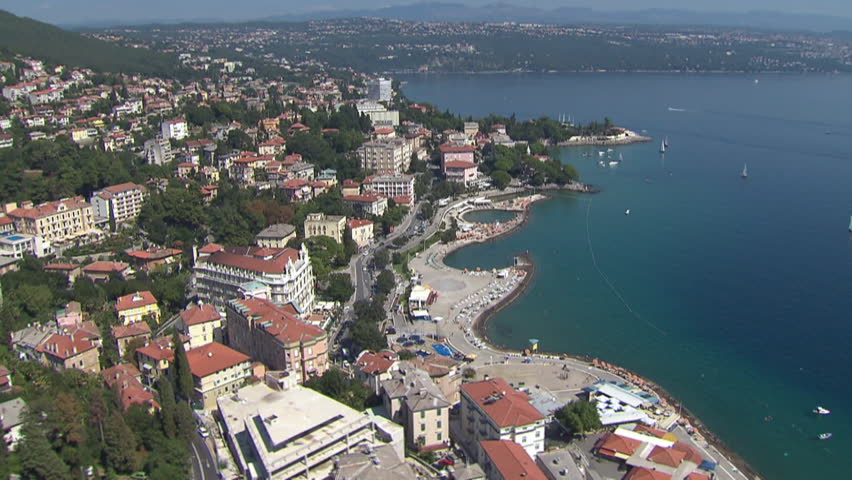 The City of Opatija, Adriatic coast. Aerial helicopter shot.