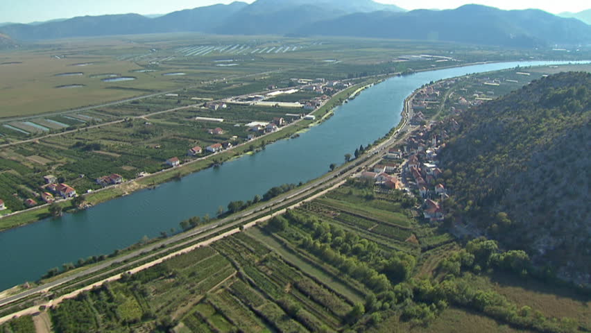 Aerial shot of the river Neretva valley, Croatia