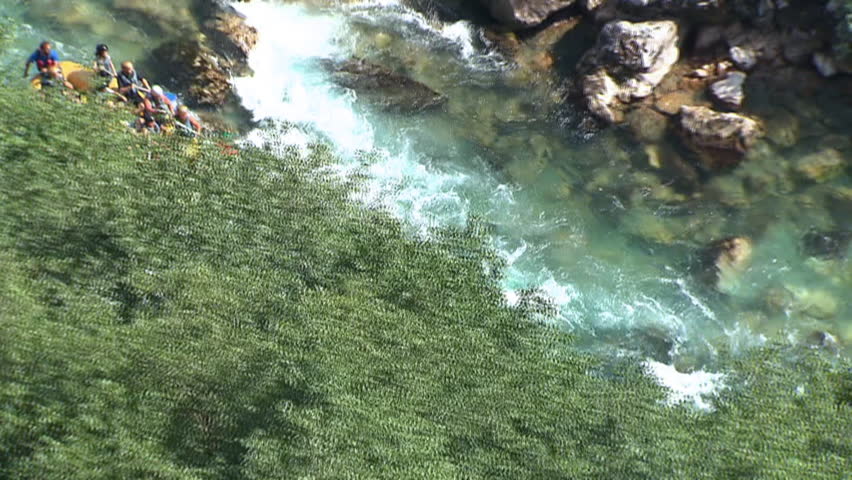 Rafting on the river Drina, Bosnia Herzegovina. Aerial helicopter shot.