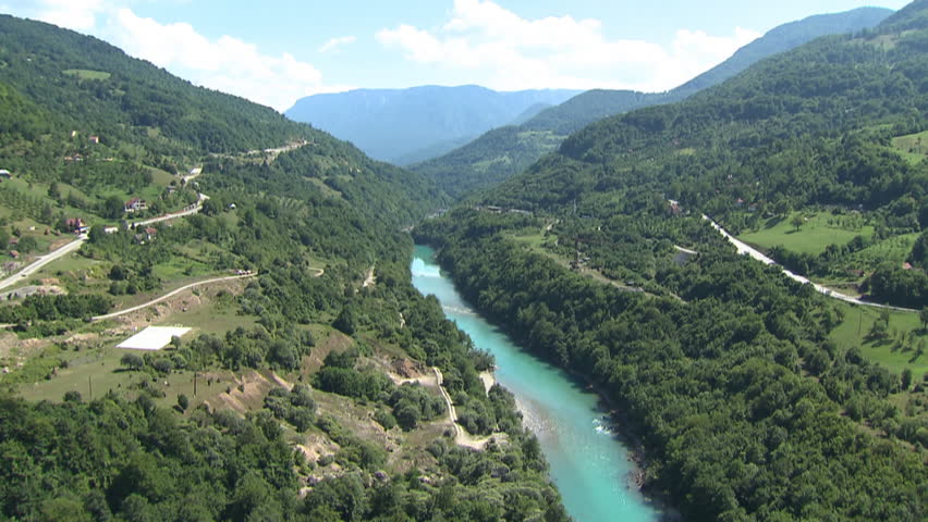 Flying over the river Drina, Bosnia Herzegovina. Aerial helicopter shot.