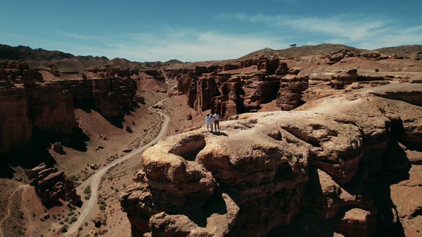 Charyn Canyon National Park in Kazakhstan. Trail inside the canyon. aerial view