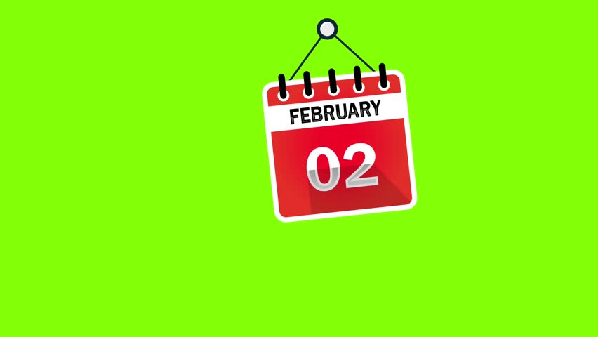 February 02 Calendar Sign on green screen background, chroma key. Calendar Pendulu Animation - February 02. 4k graphic motion