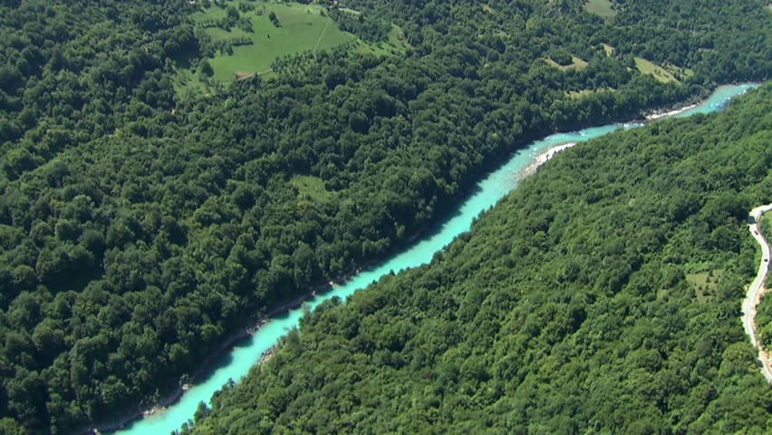 Flying over the river Drina, Bosnia Herzegovina. Aerial helicopter shot.