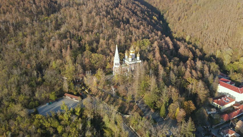 Aerial view of Shipka Monastery Holy Nativity, known as Russian church in town of Shipka, Stara Zagora Region, Bulgaria