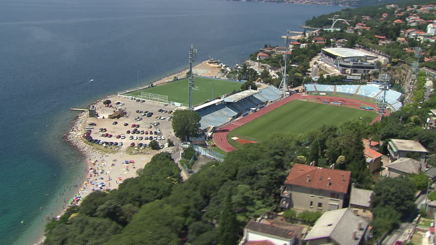 Aerial shot of the City of Rijeka, Kantrida stadium, Croatia