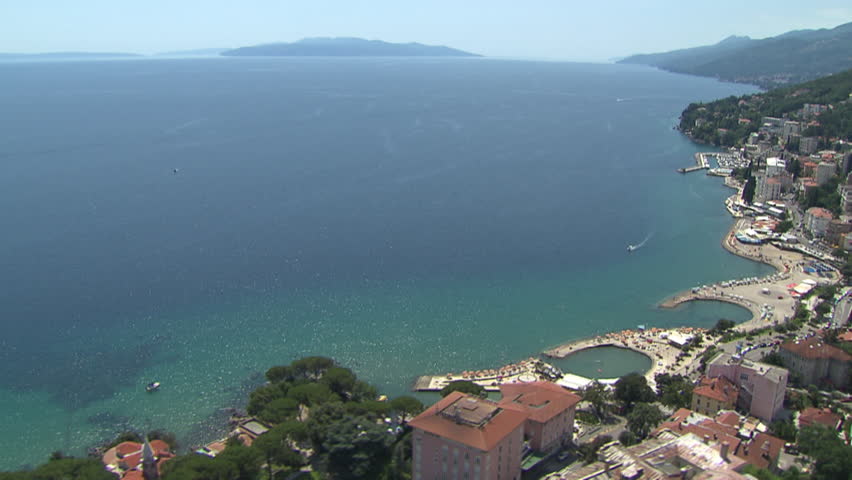 The City of Opatija, Adriatic coast. Aerial helicopter shot.