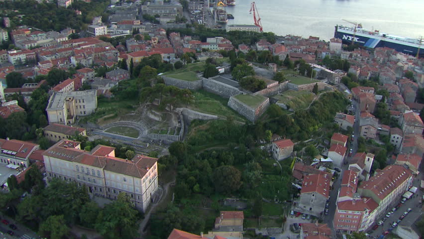 A circling view of the Castel of Pula. Aerial helicopter shot.