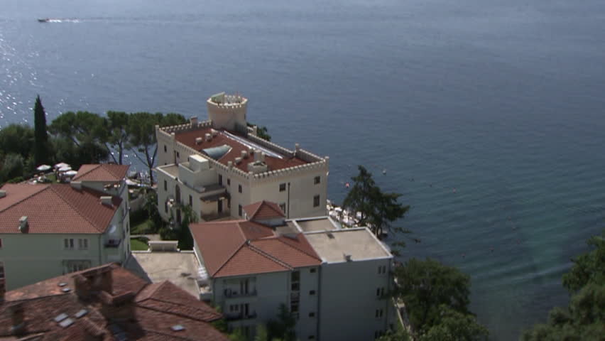 A tourist resort on the Adriatic coast. Aerial helicopter shot.