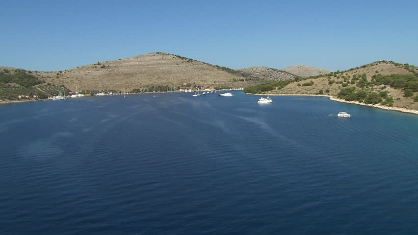 Aerial shot of the Kornati islands archipelago, bay and a marina, Adriatic sea,