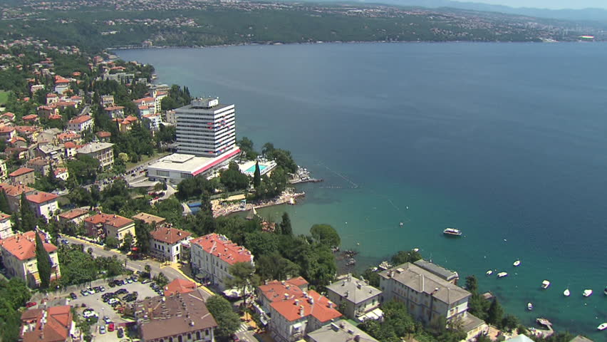 Aerial helicopter shot of a hotel in the City of Opatija, Adriatic coast
