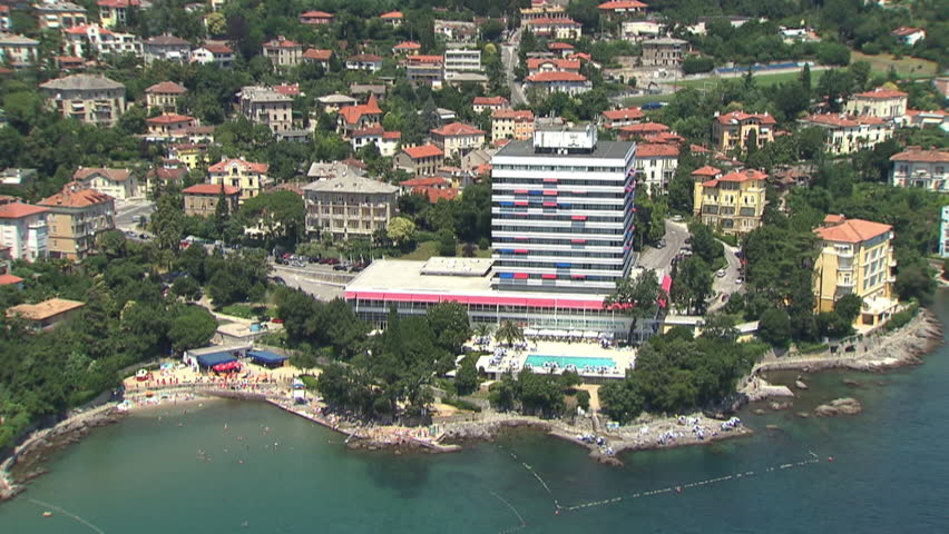 Aerial helicopter shot of a hotel in the City of Opatija, Adriatic coast