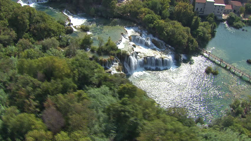 Aerial shot of the National Park Krka with its waterfalls