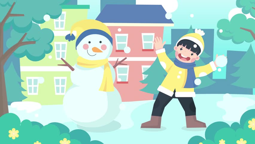 Animation Boys playing building a snowman in winter. Stock of children