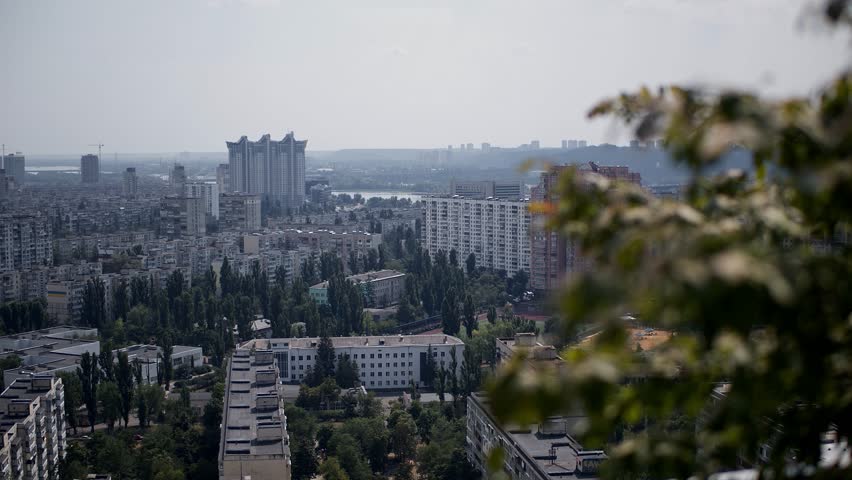 View of the city from the roof to Kiev city, Ukraine. Panoramic view of the sleeping area of ​​the city. 
Top down camera movement.