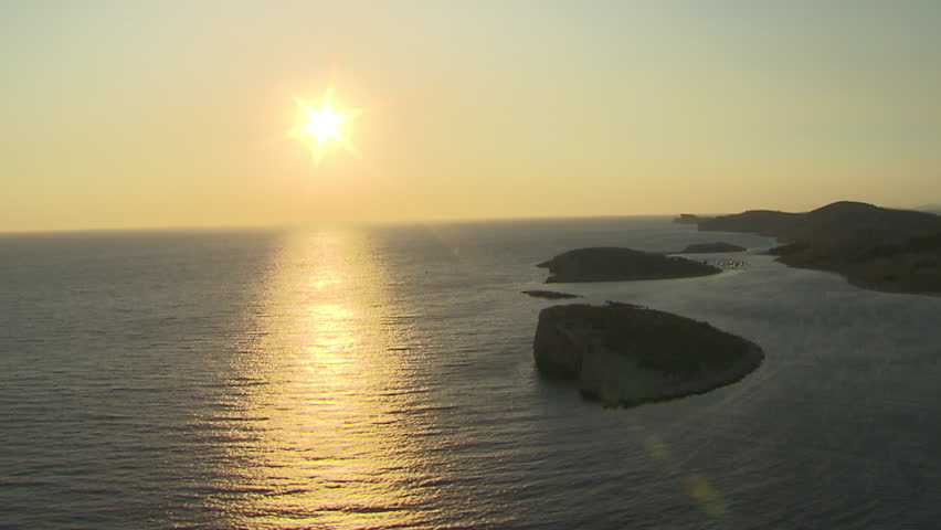 A beautiful sunset over Kornati archipelago, Adriatic sea. Aerial helicopter