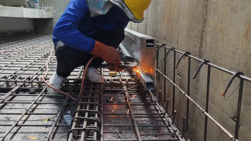 Workers are reinforcing steel bars essential for the stability of concrete structures 