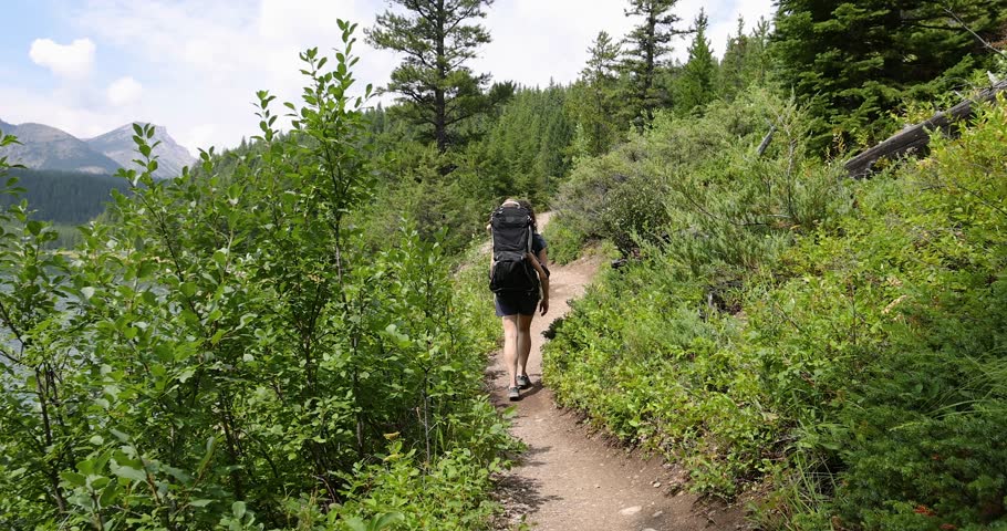 A woman hikes along a winding forest trail beside a mountain lake. Crowsnest Pass, Alberta, Canada.