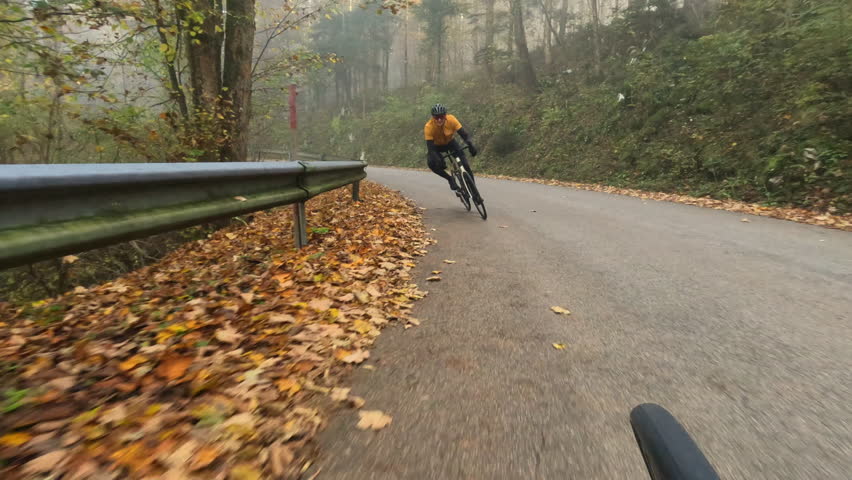 Cyclist riding in misty autumn forest scenery, front view tracking shot. Racing competition with bicyclist, cycling on woodland trail in fall