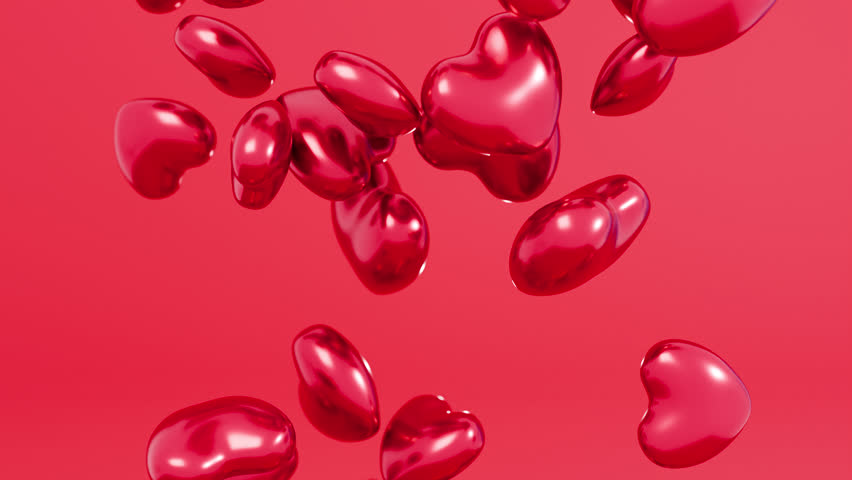 Abstract hearts falling down background. Saint Valentine's Day. 3d render, realistic. love, romantic concept. red backdrop