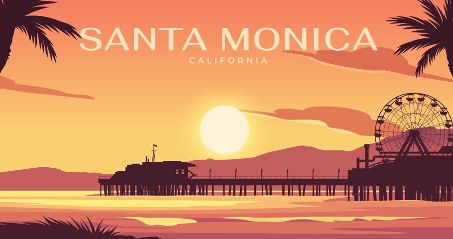 Santa Monica poster. Moving banner with sandy beach at sunset. Travel and tourism, holiday and vacation. Palm trees silhouettes. Coastline in paradise. Cartoon flat animated graphics