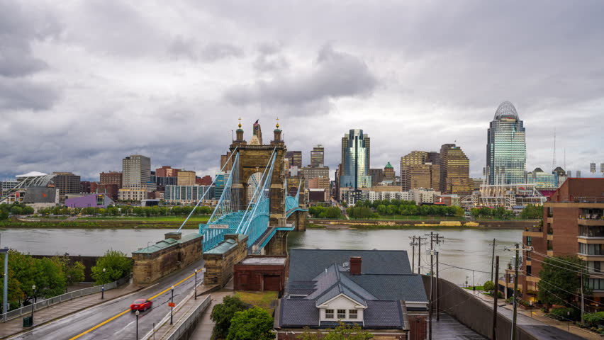 Cincinnati, Ohio, USA downtown skyline time lapse from dusk till night.