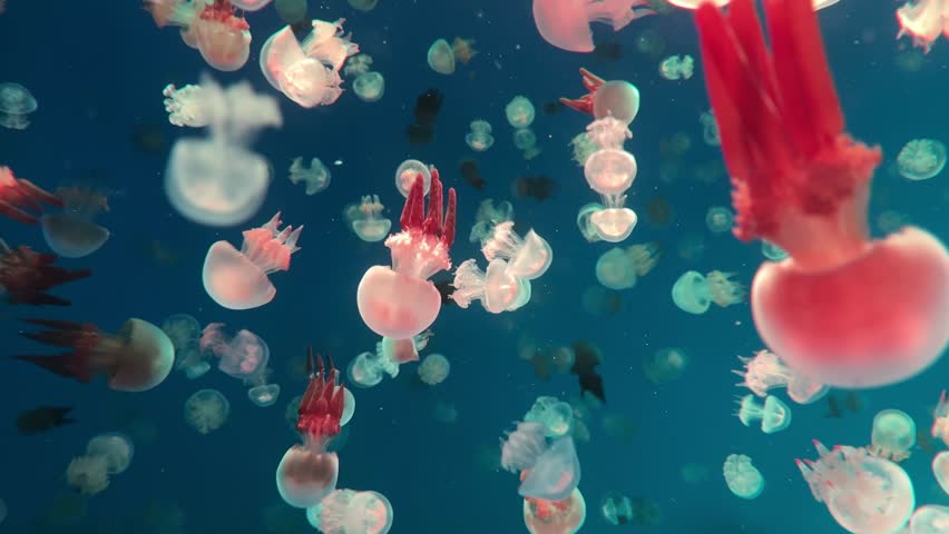 Many jellyfish in the water, Jellyfish in the deep sea, jellyfish swarms. Colorful jellyfish.