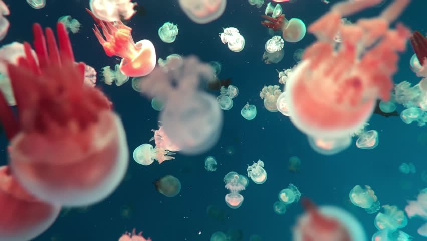 Many jellyfish in the water, Jellyfish in the deep sea, jellyfish swarms. Colorful jellyfish.