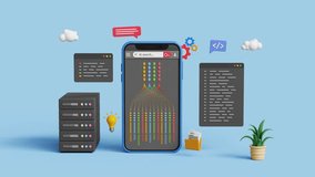 Big data technology, data science concept. AI, artificial intelligence, data mining, prediction, complex visualization, business analytics. Analyzing data sets on a 3D smartphone. 4K 3D animation - Powered by Shutterstock - Get 15% off with code: PIKWIZARD15