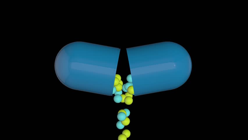 3D Capsule opening and falling the medicine down, 4K Animation video clip, CG motion graphic 