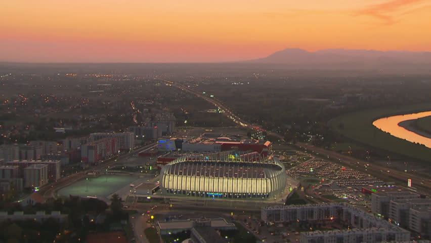 Aerial helicopter shot of Sports hall Arena Zagreb at dusk
