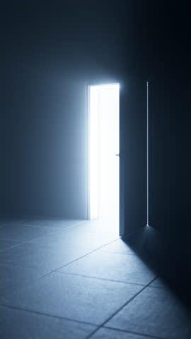 Door Opening, Bright Shining Glowing Light Appears in Dark Room. Magic, Mystery, Success and Religious Concept. Abstract Minamalistic 3d Animation