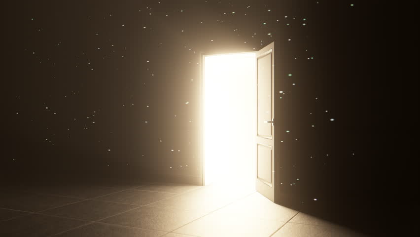 Door Opening, Bright Warm Shining Glowing Light Appears in Dark Room. Magic, Mystery, Success and Religious Concept. Abstract Minamalistic 3d Animation