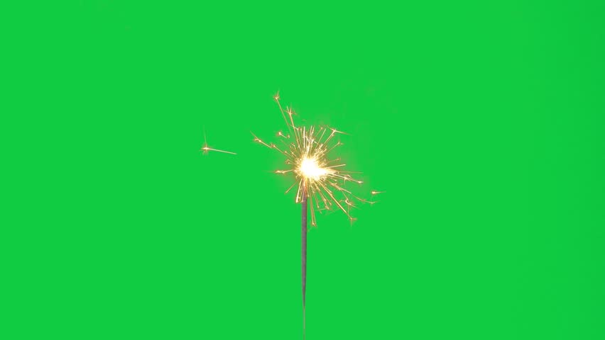 4K real sparkler. burning sparkler isolated on chroma key green screen background for overlay motion graphic, frame rate 60P