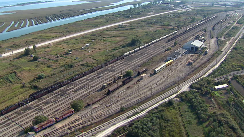 Railway and trains. Aerial helicopter shot.
