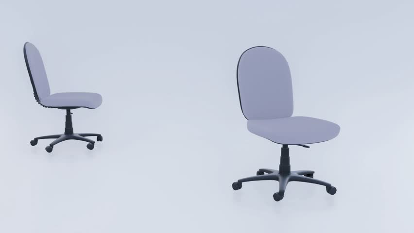 an empty office chairs are sliding in the white background; 3d animation