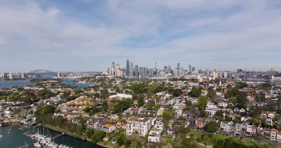 Aerial view of beautiful skyline with modern buildings and harbor bridge, Sydney, Australia.
