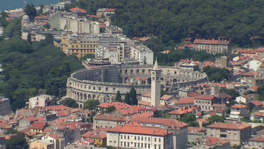 City of Pula and the Arena. Aerial helicopter shot.