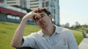 Tired Caucasian business man rubbing eyes male businessman city problem worker fatigued guy headache stressed discomfort loss bankrupt failure entrepreneur outside trouble unhealthy pain employee town - Powered by Shutterstock - Get 15% off with code: PIKWIZARD15