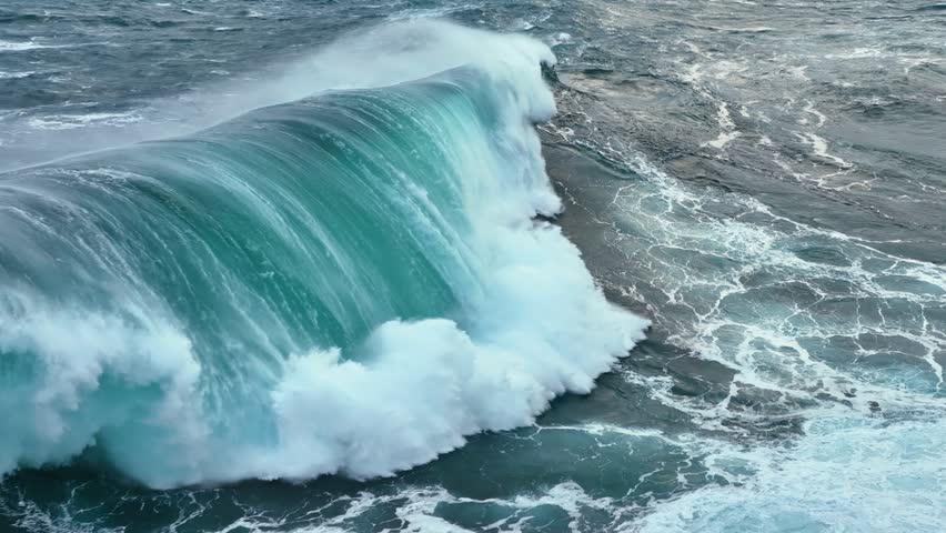 Powerful ocean waves crash against the shore. Aerial shot of gaint ocean waves. Slow motion