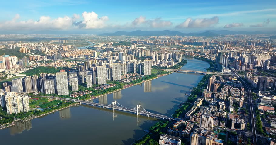 Modern city buildings and river landscape in Zhuhai, China