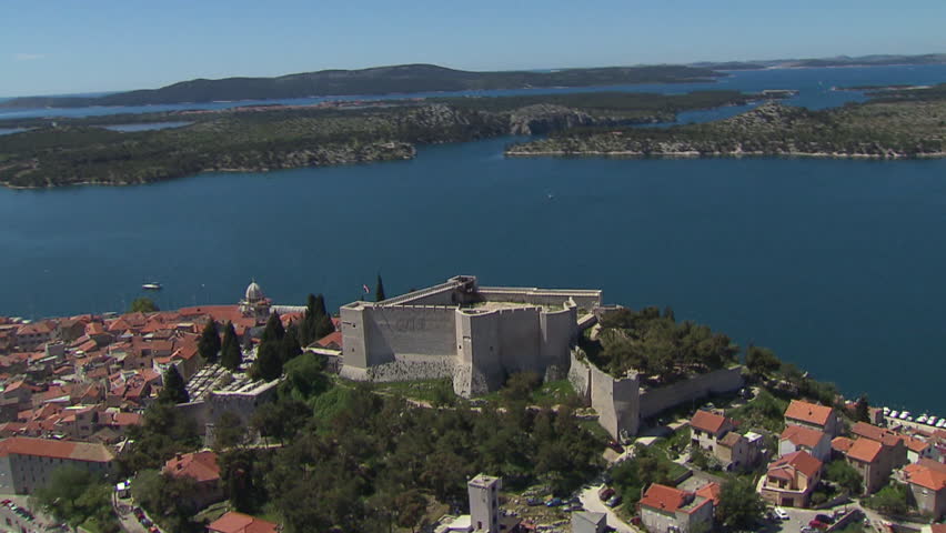 A fortress of the City of Sibenik. Aerial helicopter shot.