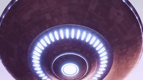 Hovering alien Flying Saucer. Rotating UFO Spaceship with glowing rays. Futuristic cinematic Footage in 4K with spacecraft close up. 3D render animation. 3D Illustration - Powered by Shutterstock - Get 15% off with code: PIKWIZARD15