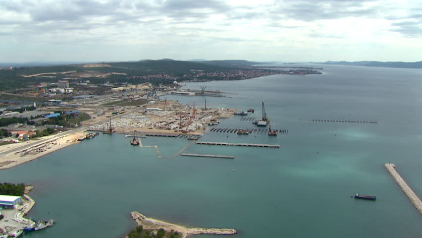 Aerial helicopter shot of a Cargo port