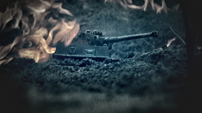 War war two. Reconstruction of a tank battle. German Tank Tiger one on a battlefield. Scenery of fire and destruction. Old film effect.