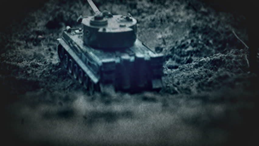 War war two. Reconstruction of a tank battle. German Tank Tiger one on a battlefield. Scenery of fire and destruction. Old film effect.
