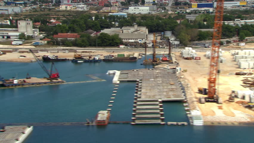 Aerial helicopter shot of a Cargo port