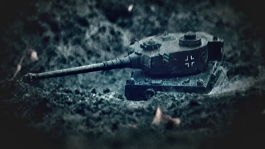 War war two. Reconstruction of a tank battle. German Tank Tiger one on a battlefield. Scenery of fire and destruction. Old film effect.
