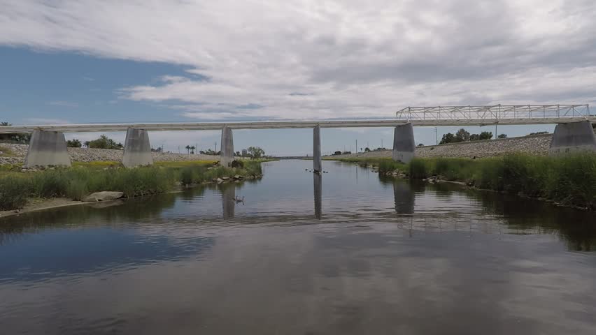Drone flight over the Los Angeles River outside of Long Beach California